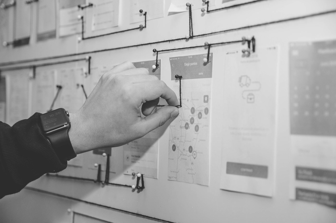 Atelier de conception : parcours utilisateur affiché au mur