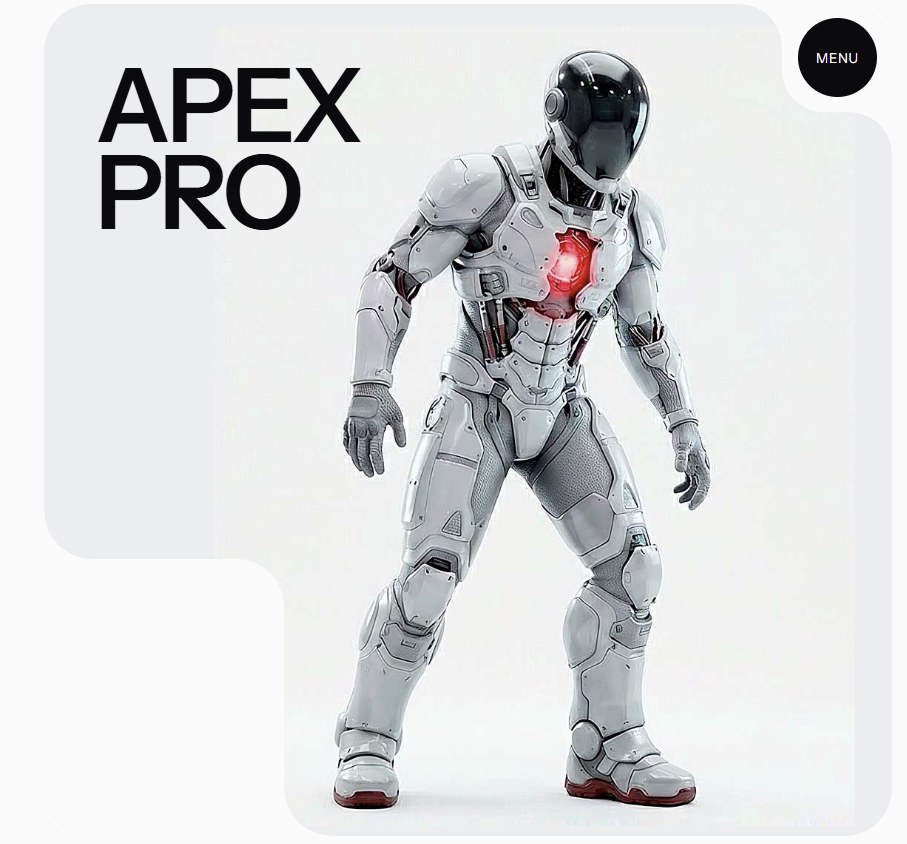 Page d'accueil du site Apex Pro : un exosquelette blanc à cœur rouge
