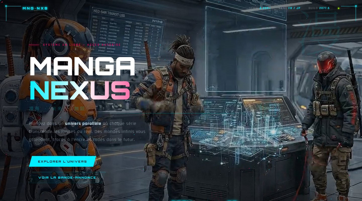 Page d'accueil de Manga Nexus : trois personnages cyberpunk devant une console holographique