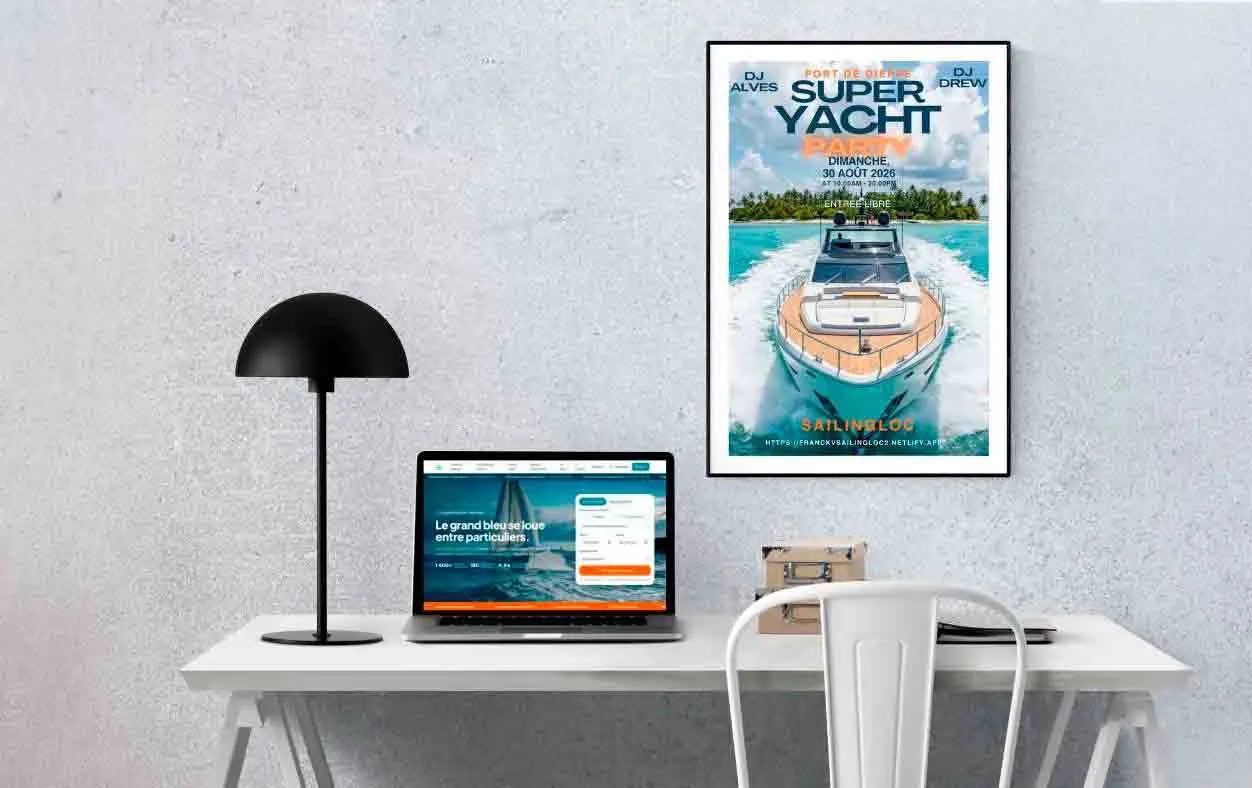 Site SailingLoc affiché sur un ordinateur portable, à côté d'une affiche